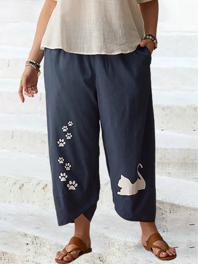 Cartoon Cat Print Elastic Waist Pants With Pockets