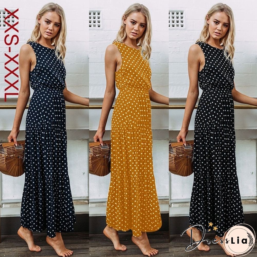 Holiday Summer Women Boho Sleeveless Maxi Polka Dot Dress Casual Beach Long Dress