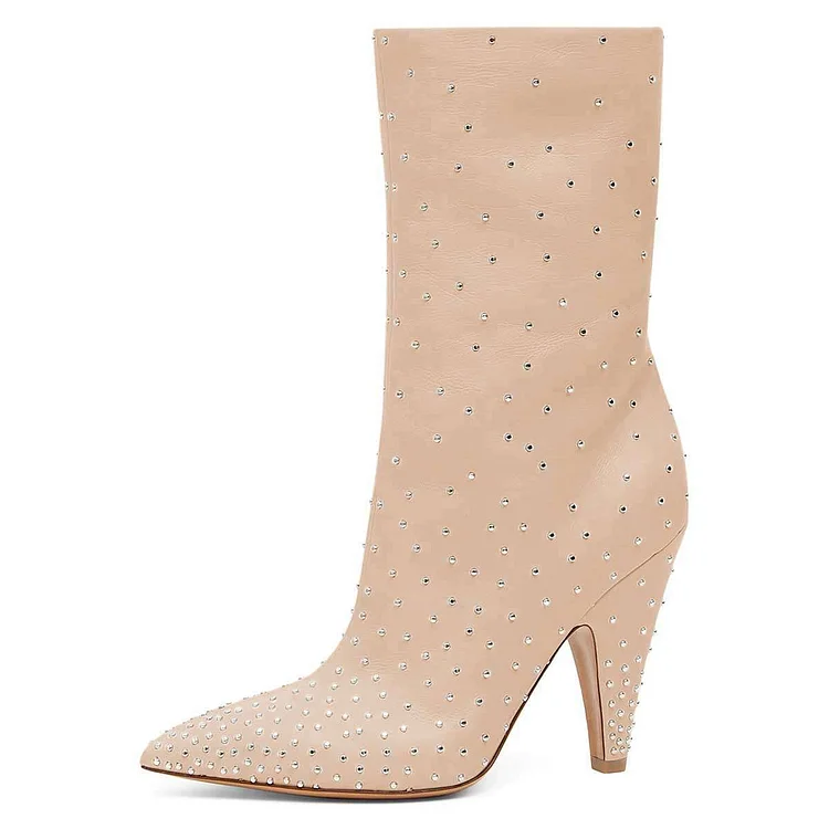 Nude Studs Cone Heel Ankle Boots |FSJ Shoes
