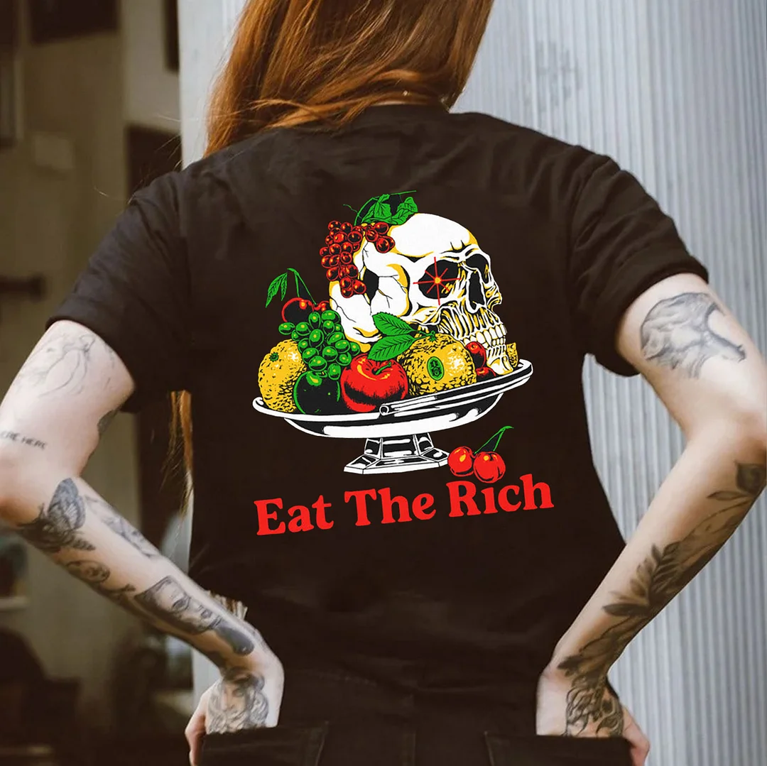 EAT THE RICH Skull on the Fruit Dish Black Print Regular-fit T-shirt