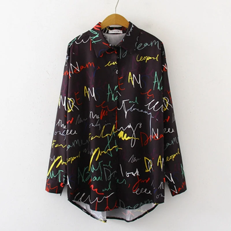 Graffiti Print Blouse Women Autumn Turn-down Collar Long Sleeve Plus Size Office Elegant Ladies Shirts Casual Tops And Blouses