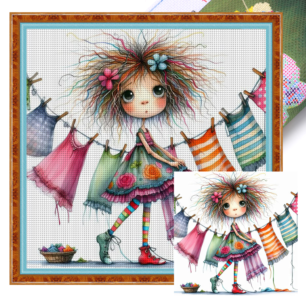 Girl Hanging Clothes Full 11CT Pre-stamped Canvas(40*40cm) Cross Stitch