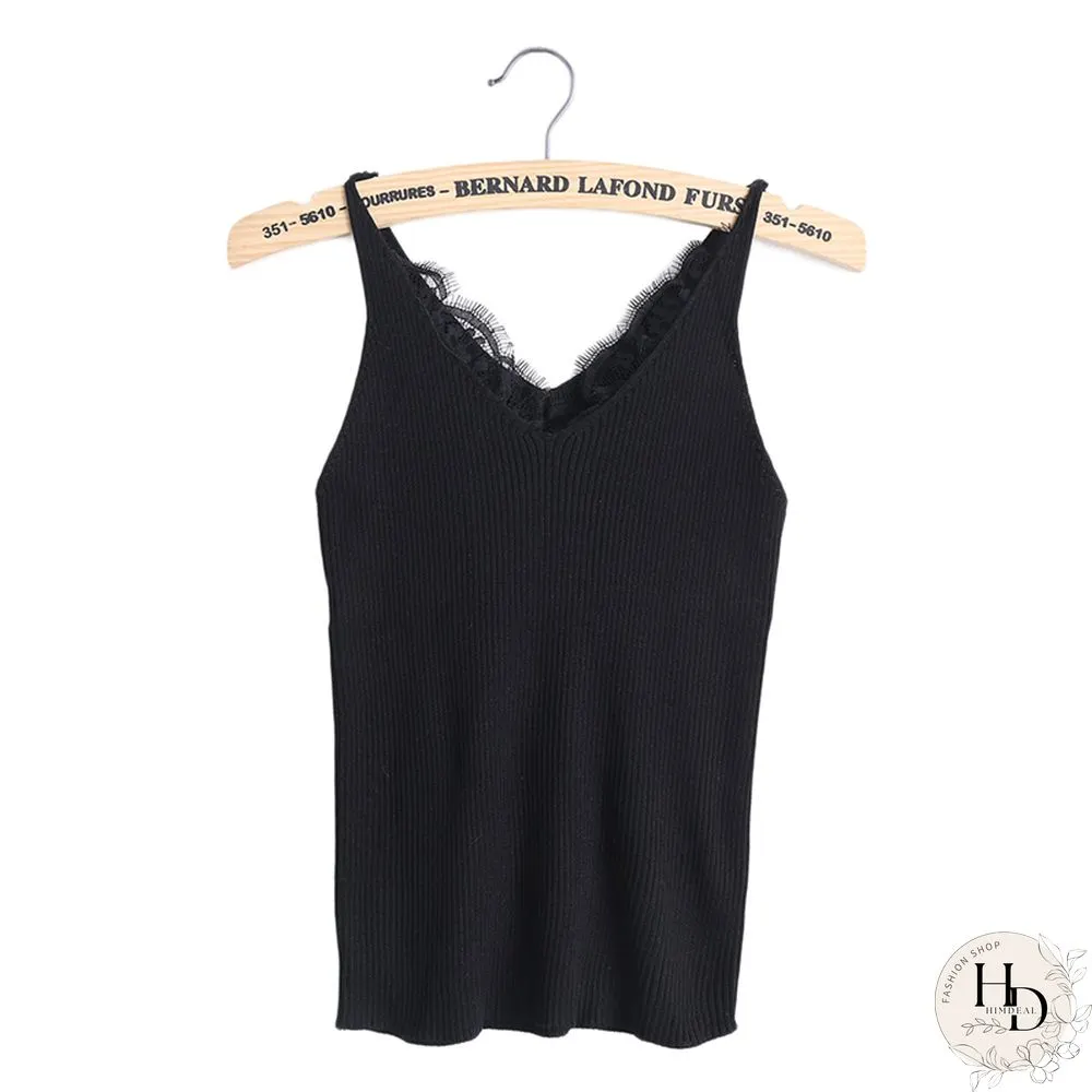 Sexy Women Plain Camisole Lace Splicing Double V Neck Vest Slim Sling Tank Tops