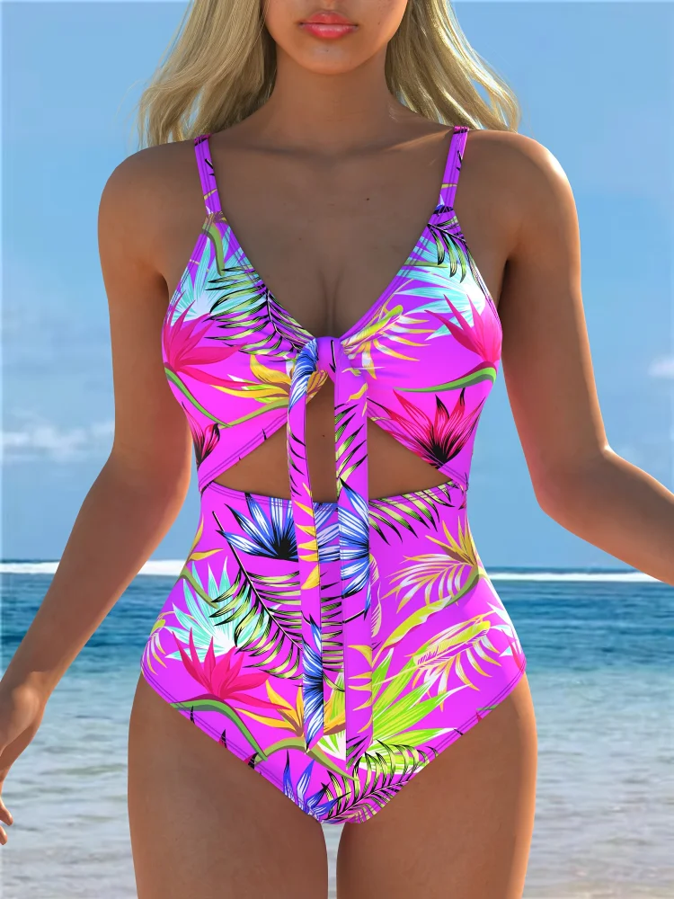 Women's Vibrant Tropical Print One-Piece Swimsuit - Sporty And Chic, With Bow, High Stretch Polyester/Spandex Blend, Removable Pad, Machine Washable, High Waist Swimsuit
