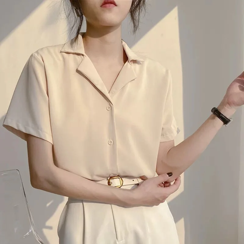 Brownm Brownm Spring And Summer College Style Retro Korean Version Of Professional Suit Collar Turn Students Short Sleeve Shirt Female Pure Color Top Female