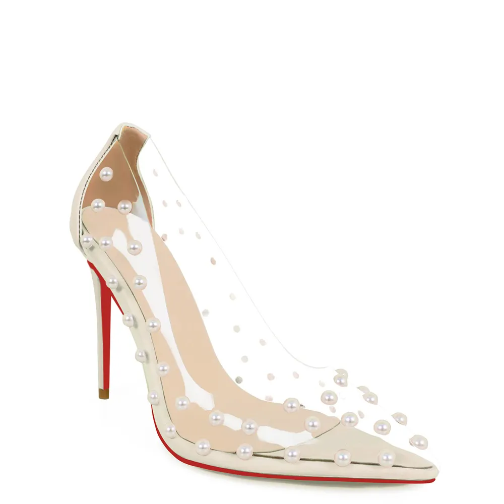100mm Women's Pumps Pointed Toe Women High Heel Shoes Fashion Pearl Studded PVC Clear Heels Party Dress Red Bottom Shoes-vocosishoes
