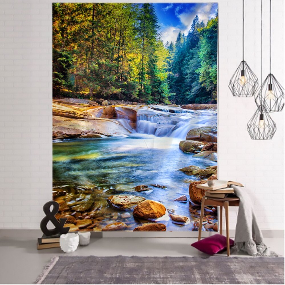 Forest Stream Tapestry 3D Beach Towel Waterfall Landscape Beautiful Painting Wall Carpet Yoga Mat Home Decor Tapestry Tablecloth
