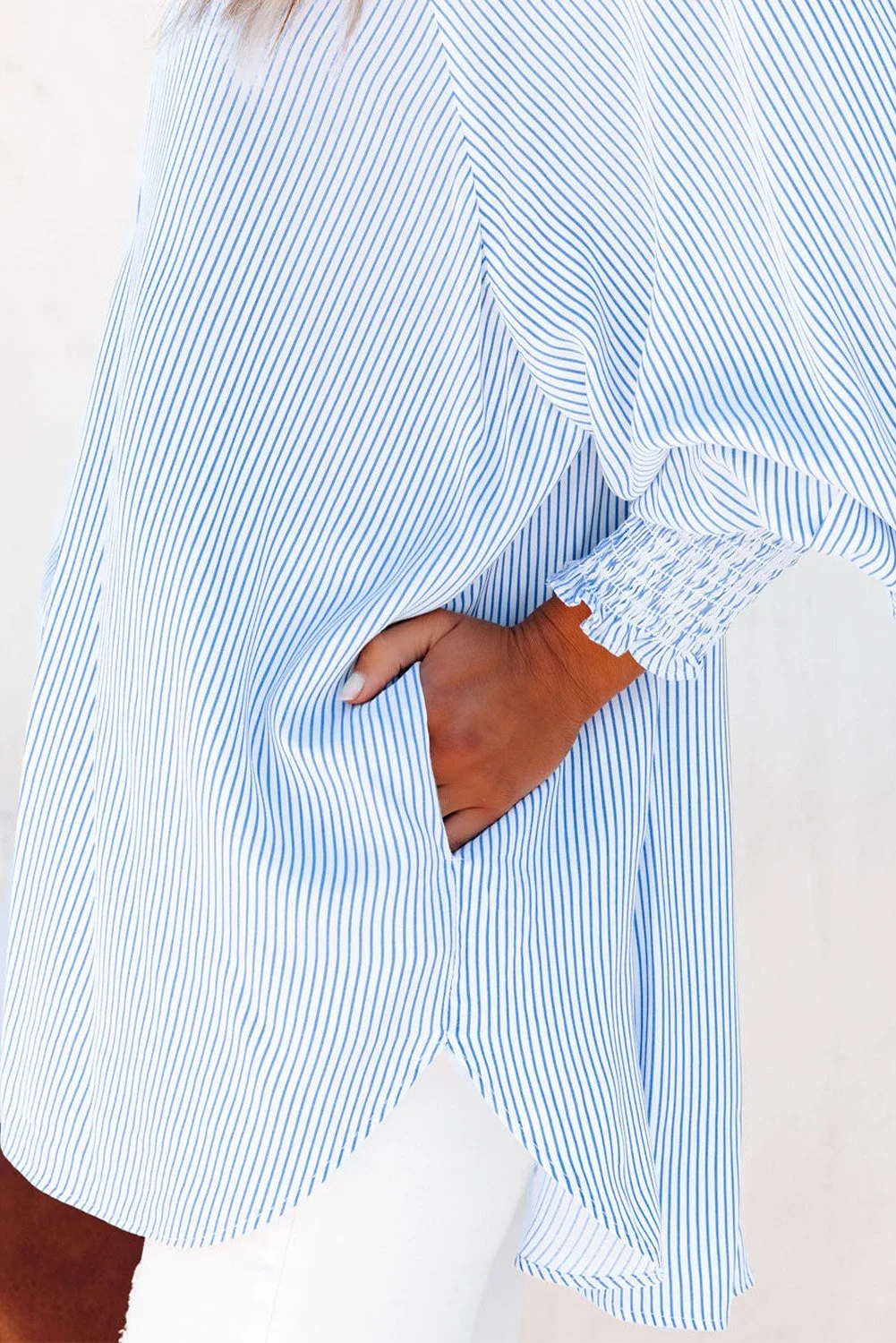 🔥Last Day Sale 49% OFF🏆️Mid-length smocked shirt with striped lapel and oversized drawdown sleeves