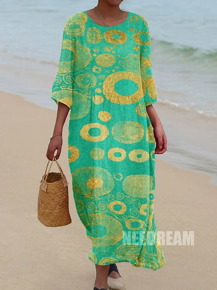 Womens Artistic Golden Circle Pattern Pocket Cotton Dress