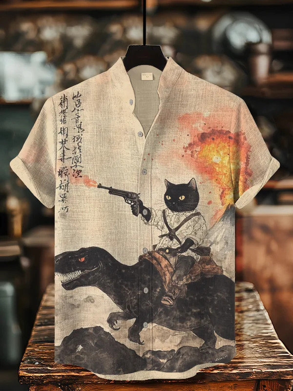 Men's Retro Calligraphy Cat Dinosaur Volcanic Eruption Print Short Sleeve Shirt