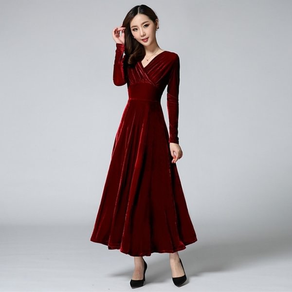 Women Velvet Maxi Long Dress Evening Prom V Neck Ball Gown Long Sleeve Retro - Shop Trendy Women's Fashion | TeeYours