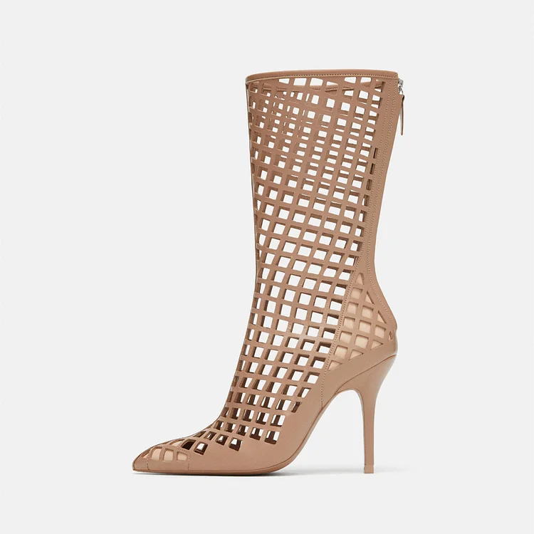 Nude Cut out Cage Mid Calf Summer Boots Hollow out Sexy Stiletto Boots |FSJ Shoes