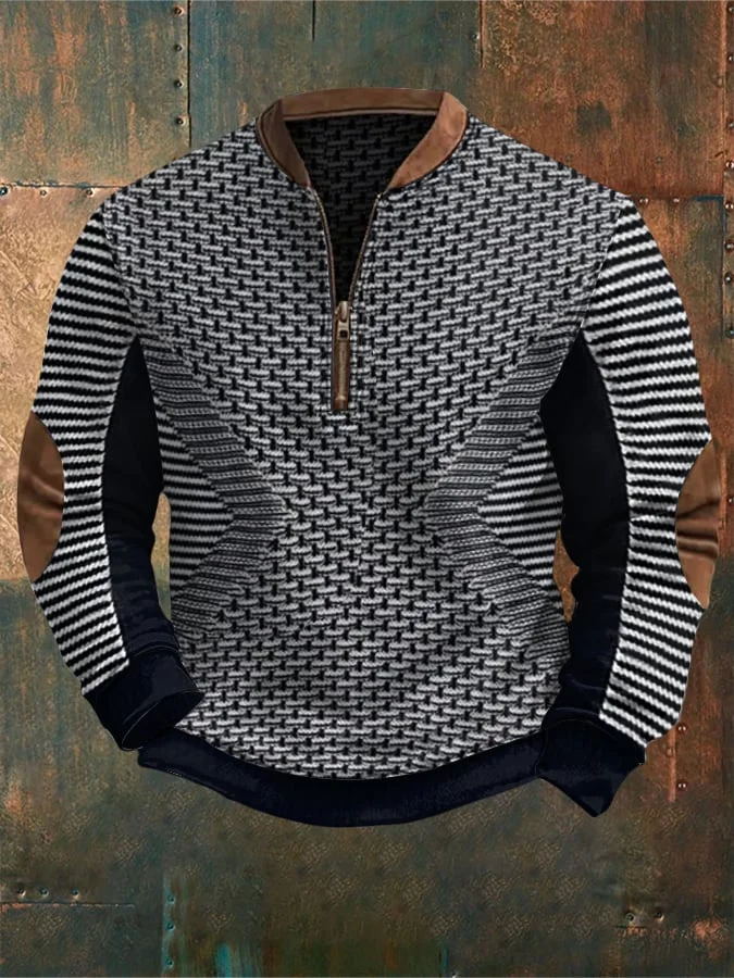 Men'S Retro Print Casual Zip Sweater