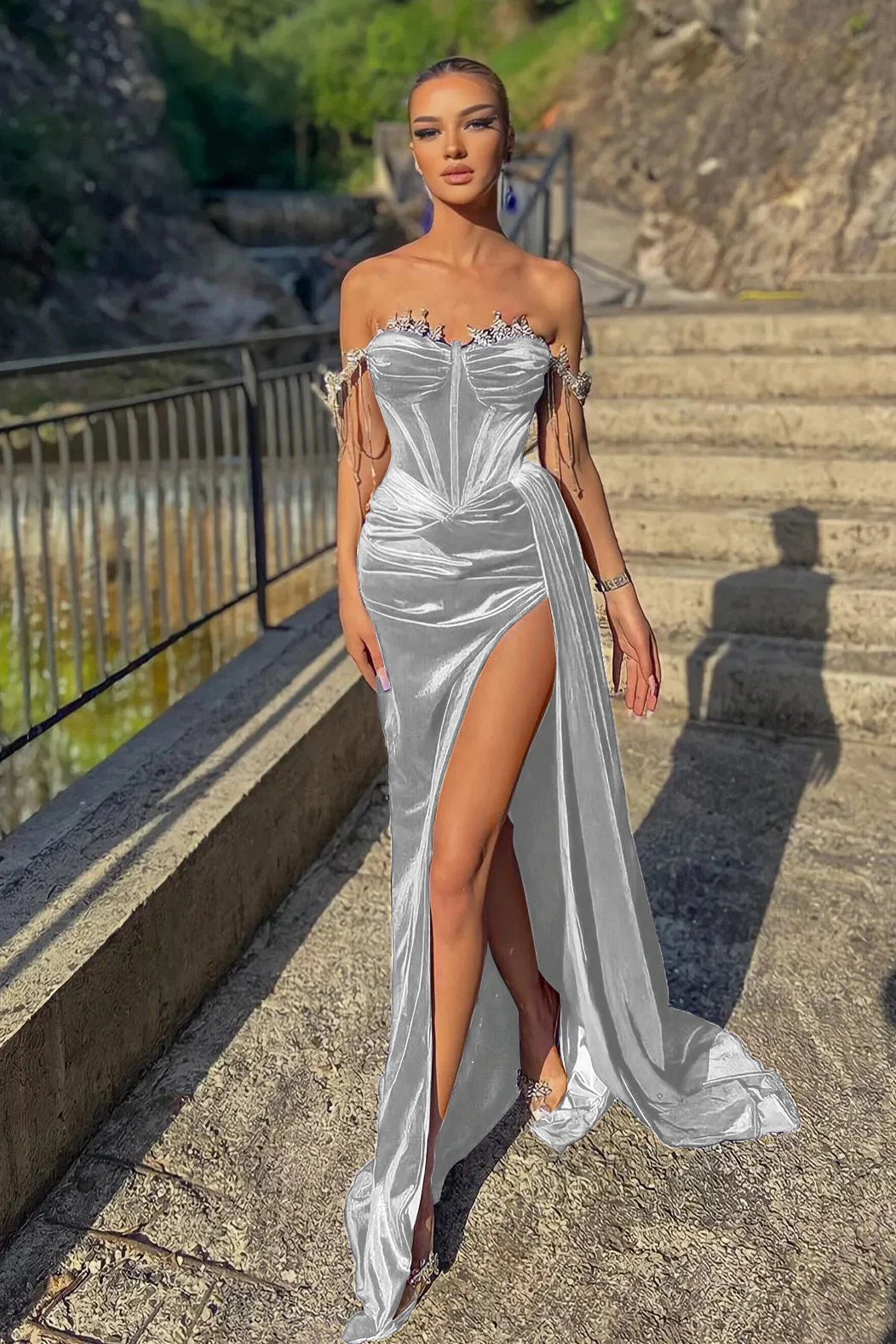 Stunning Off-the-Shoulder Mermaid Prom Dress with Slit and Pleats Beads