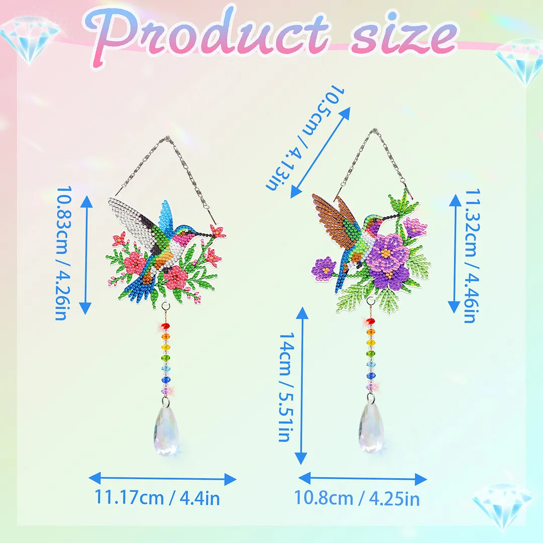 2Pcs Garden Hummingbird DIY Double-Sided Diamond Painting Hanging Kits Diamond Painting Suncatcher Craft Kit for Home Garden Wall Decor Gift