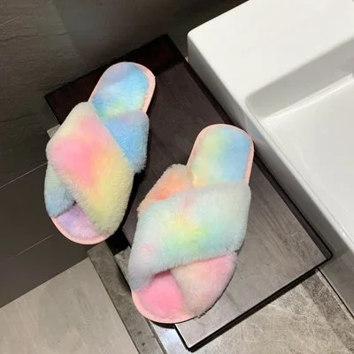 Women Fluffy House Slippers Cozy Faux Fur Cross Floor Indoor Slides Female Slip On Furry Flip Flops Warm Shoes Home Slippers