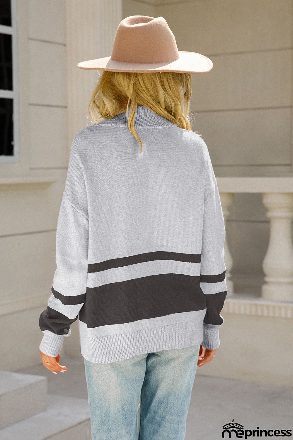 Two-Tone Long Sleeve Zip-Up Knit Top