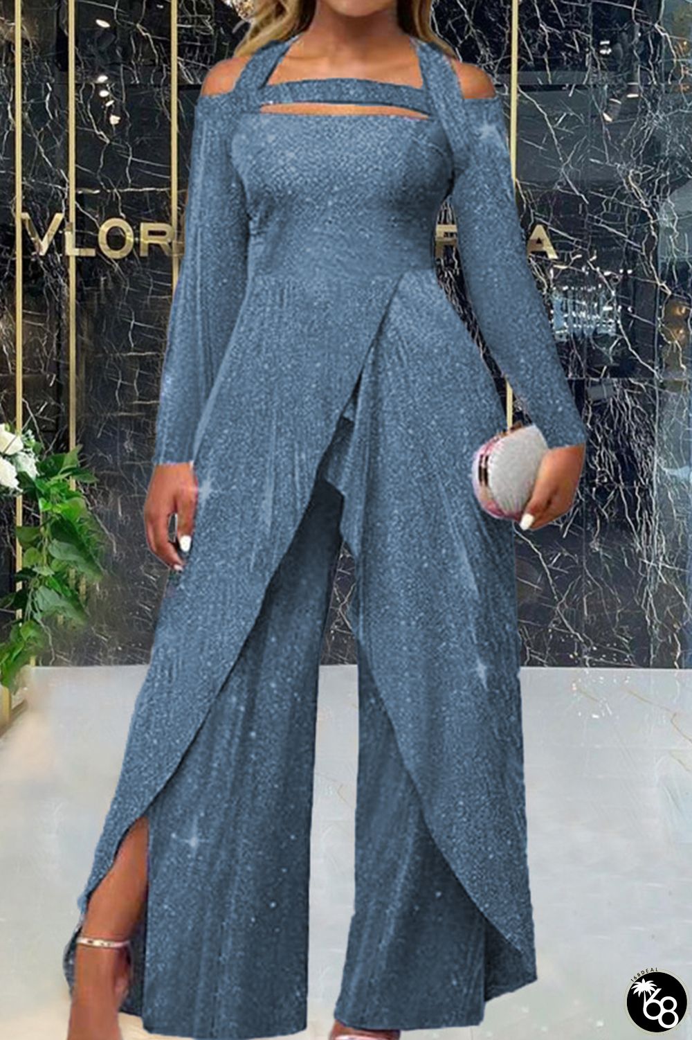 Casual Solid Sequins Patchwork Slit Halter Loose Jumpsuits | 168DEAL