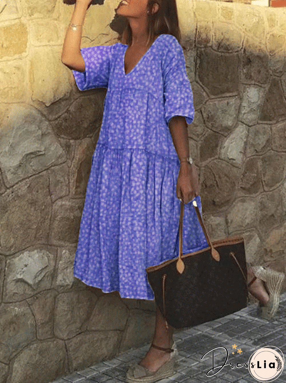 Half Sleeve Cotton-Blend Polka Dots V Neck Weaving Dress