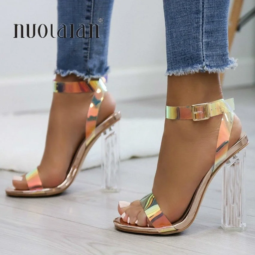 2019 Women Sandals Shoes Celebrity Wearing Simple Style PVC Clear Transparent Strappy Buckle Sandals High Heels Shoes Woman