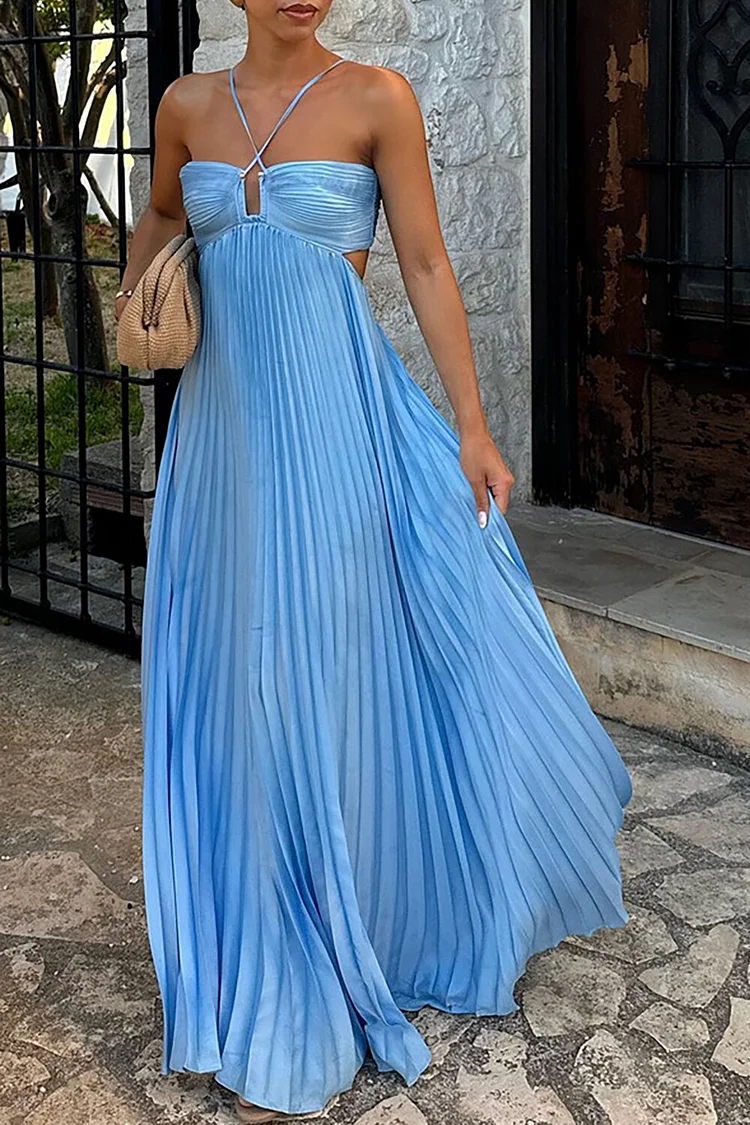 Pleated Solid Color Backless Sleeveless A-Line Maxi Dresses-Blue