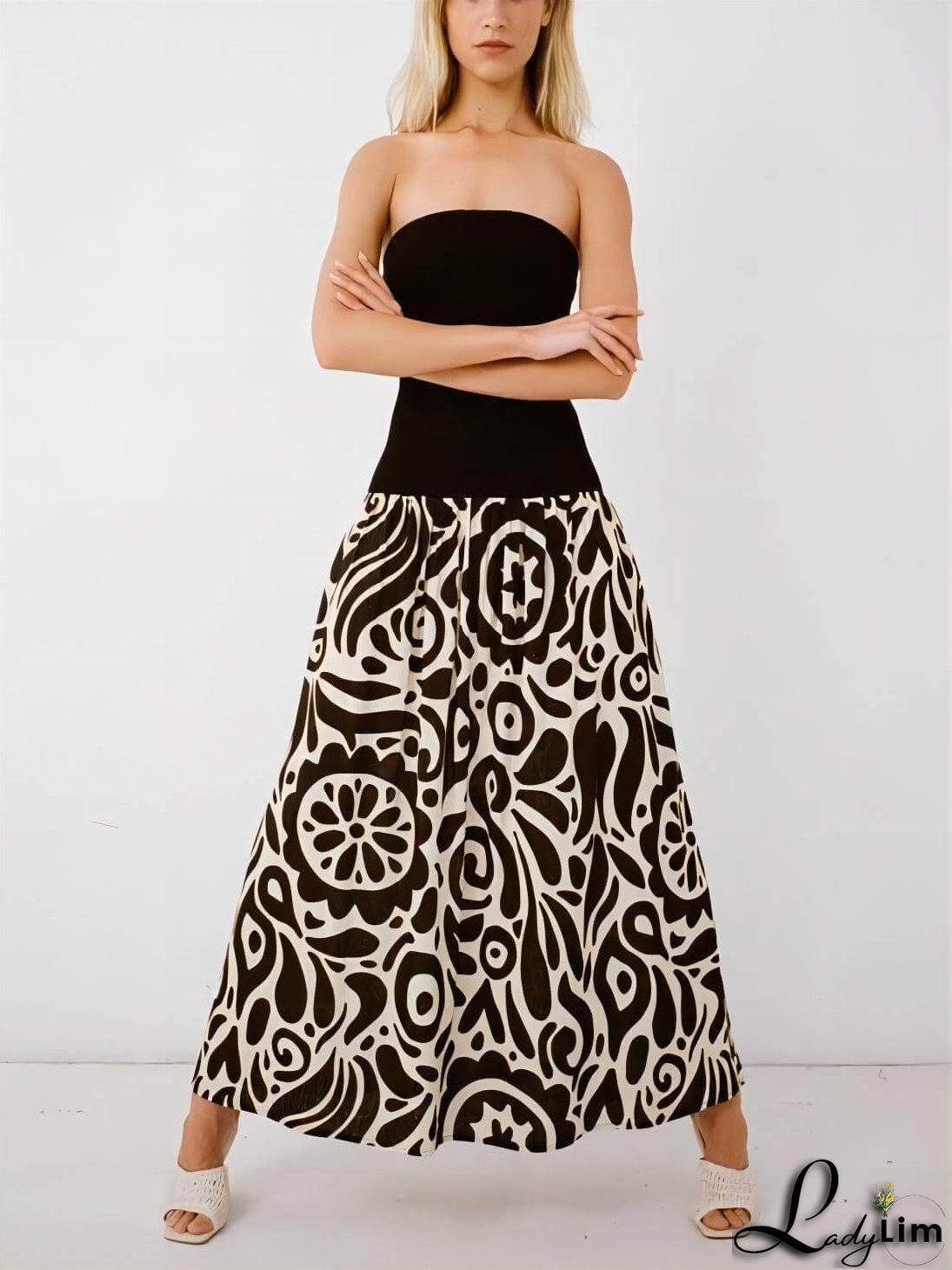 Strapless Floral Print Midi Dress