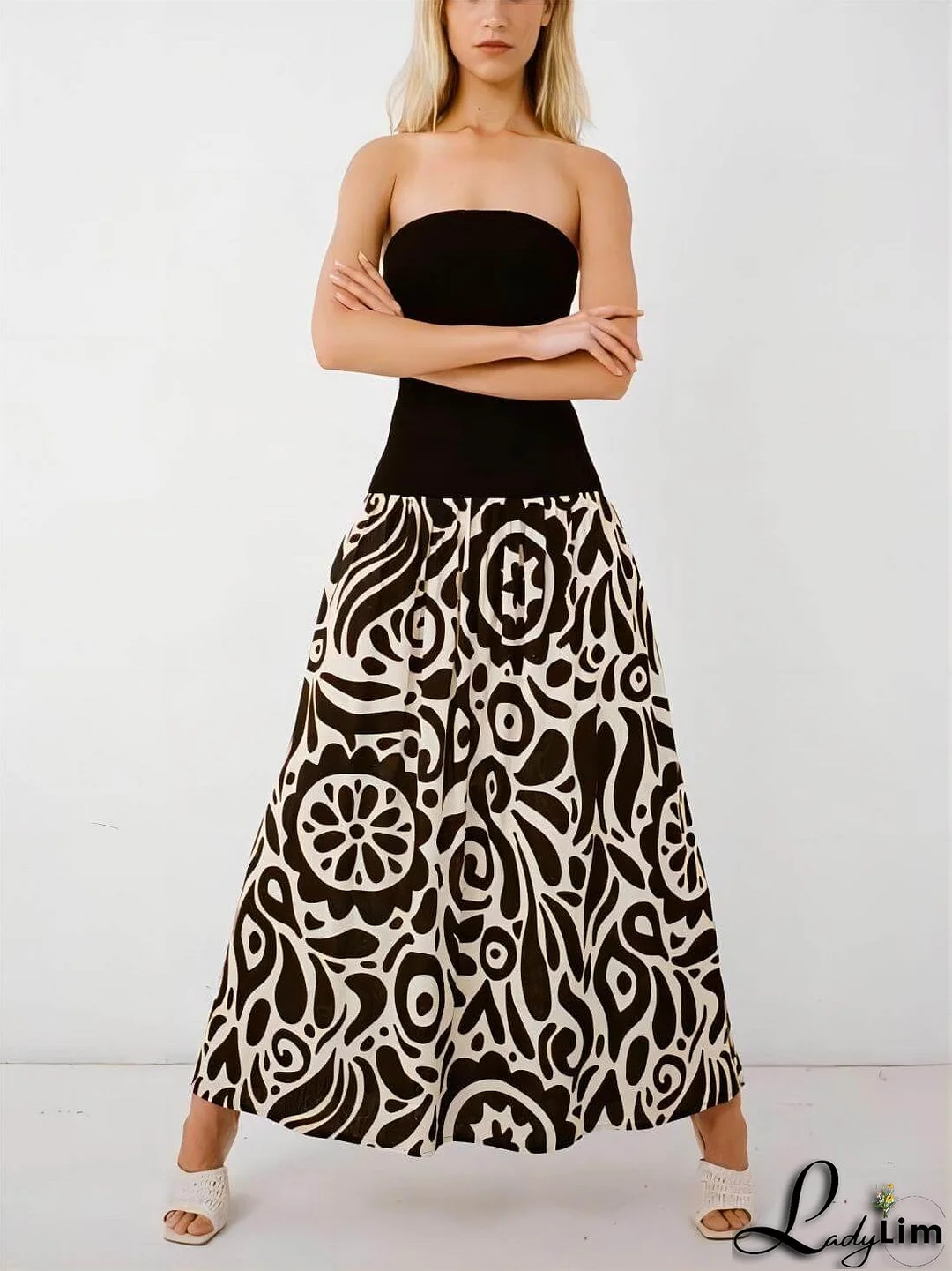 Strapless Floral Print Midi Dress