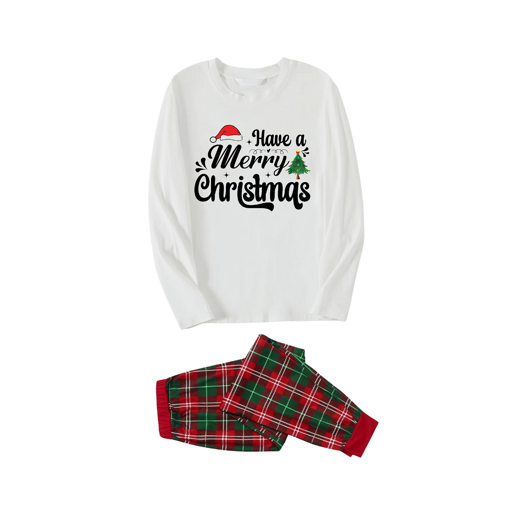 "Have a Merry Christmas" Letter Print White Long Sleeve Top with Red & Green Plaid Pants Family Matching Pajamas