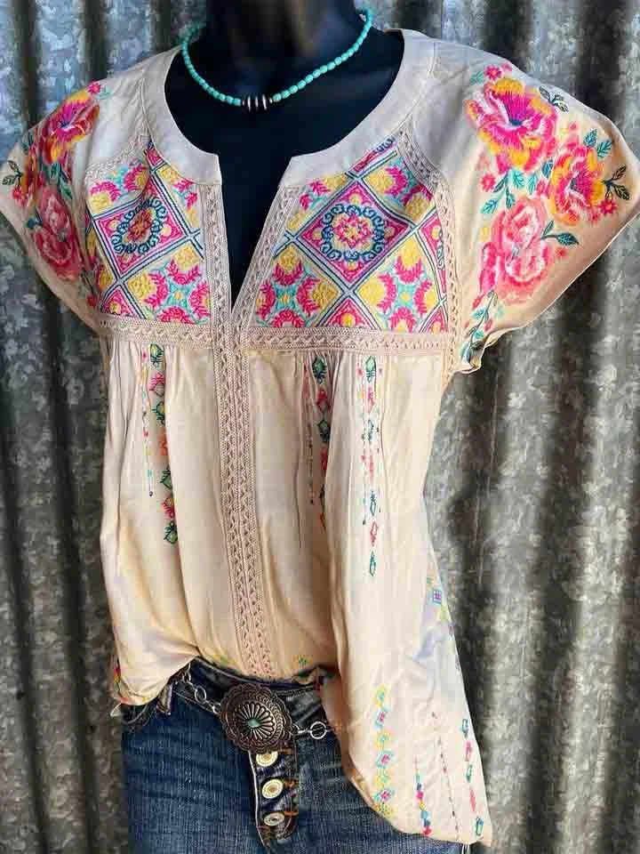 Women Short Sleeve V-neck Floral Printed Stitching Top