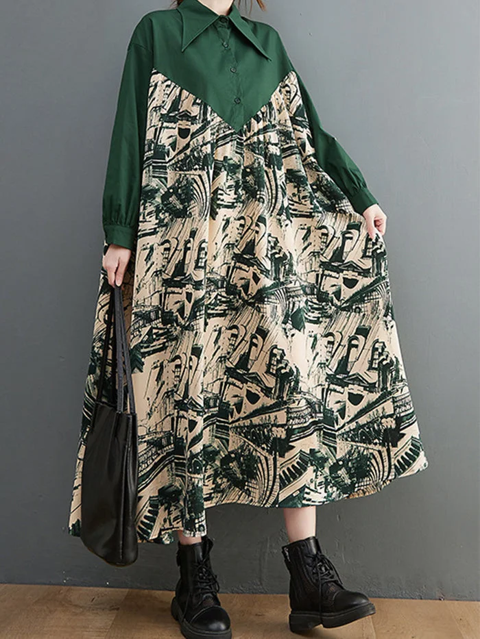 Fashion Cotton Linen Shirt Patchwork Print Dress