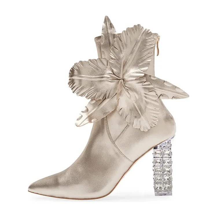 Metallic Silver Pointed-Toe Clear Chunky Heel Floral Ankle Boots |FSJ Shoes