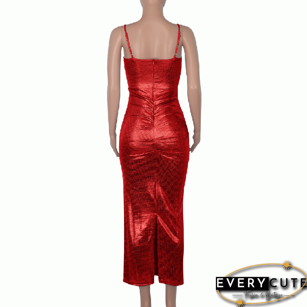 Red Sleeveless Ruched Midi Bodycon Dress