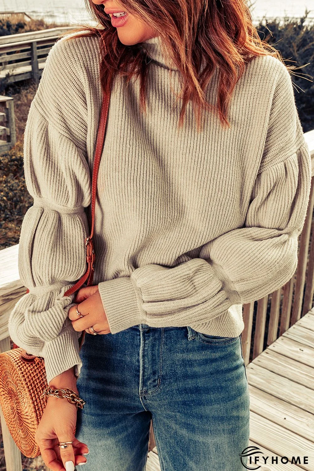 Khaki High Neck Drop Shoulder Rib Knit Sweater | IFYHOME