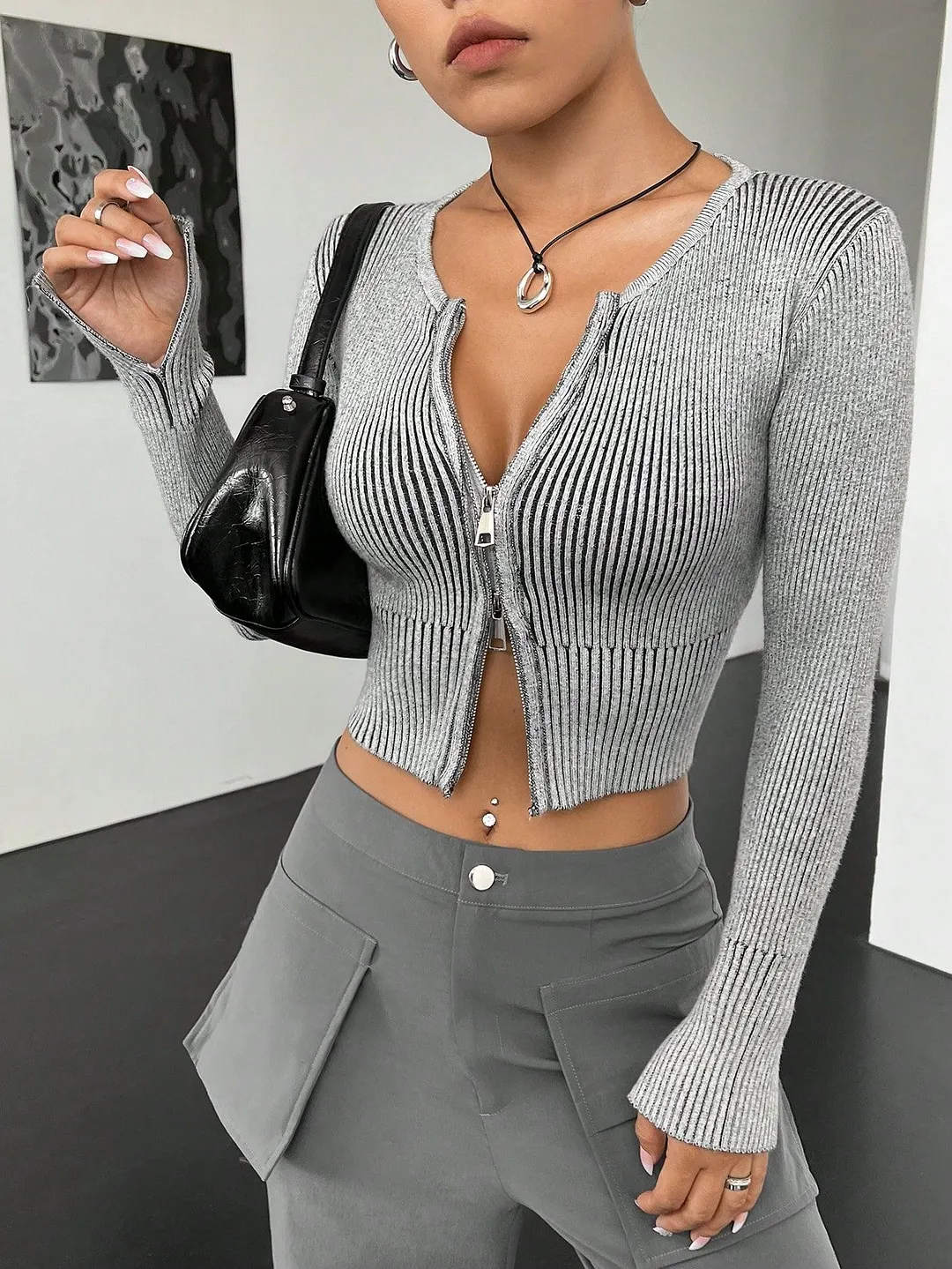 Nigikala Nigikala Vintage Autumn Pair Hottie Double-Opened Zipper Sexy Blouse Woman