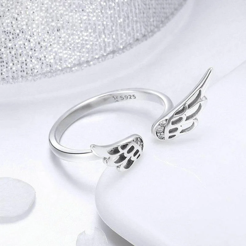 Whimsical Silver Feather Angel Wings Ring