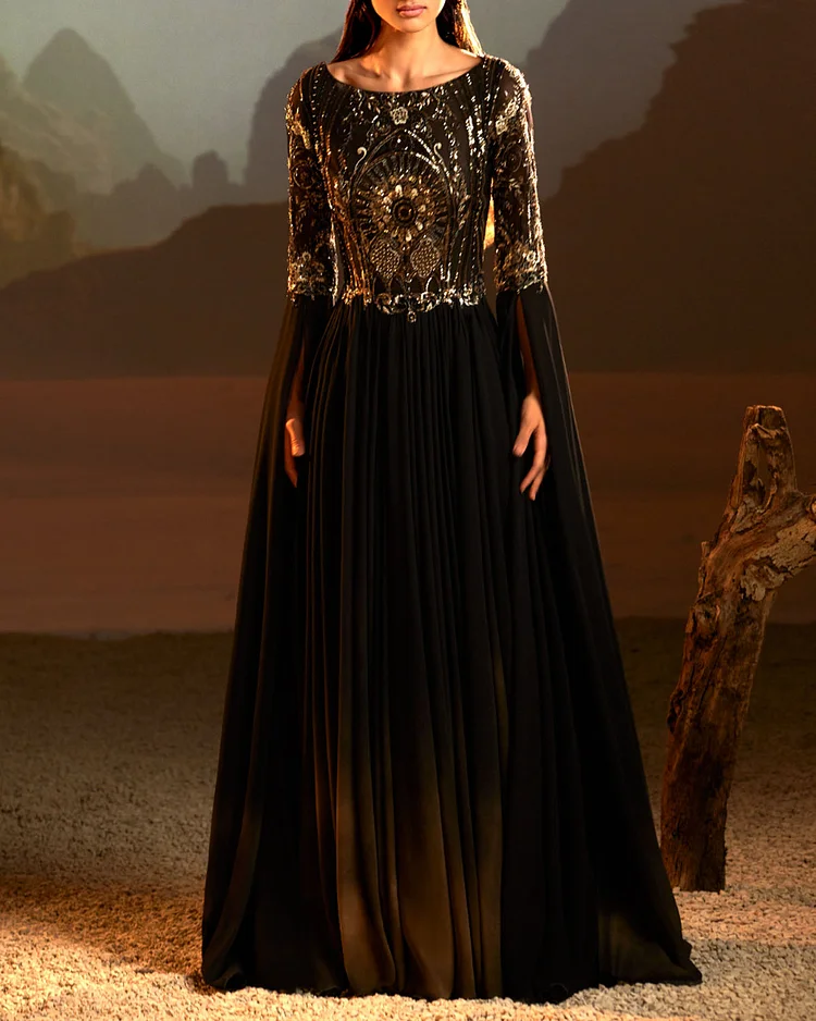 DRAPE SILK DRESS WITH BEADED LACE AND LONG CAPE SLEEVES