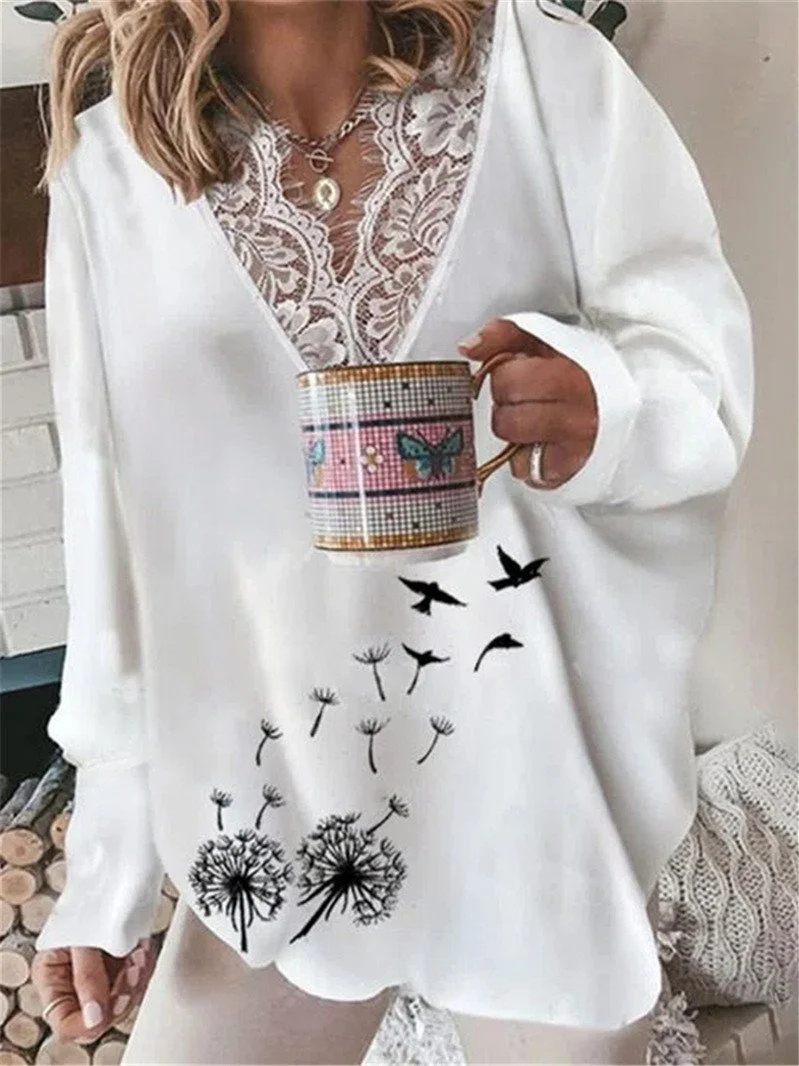 Women Long Sleeve V-neck Floral Printed Lace Graphic Top