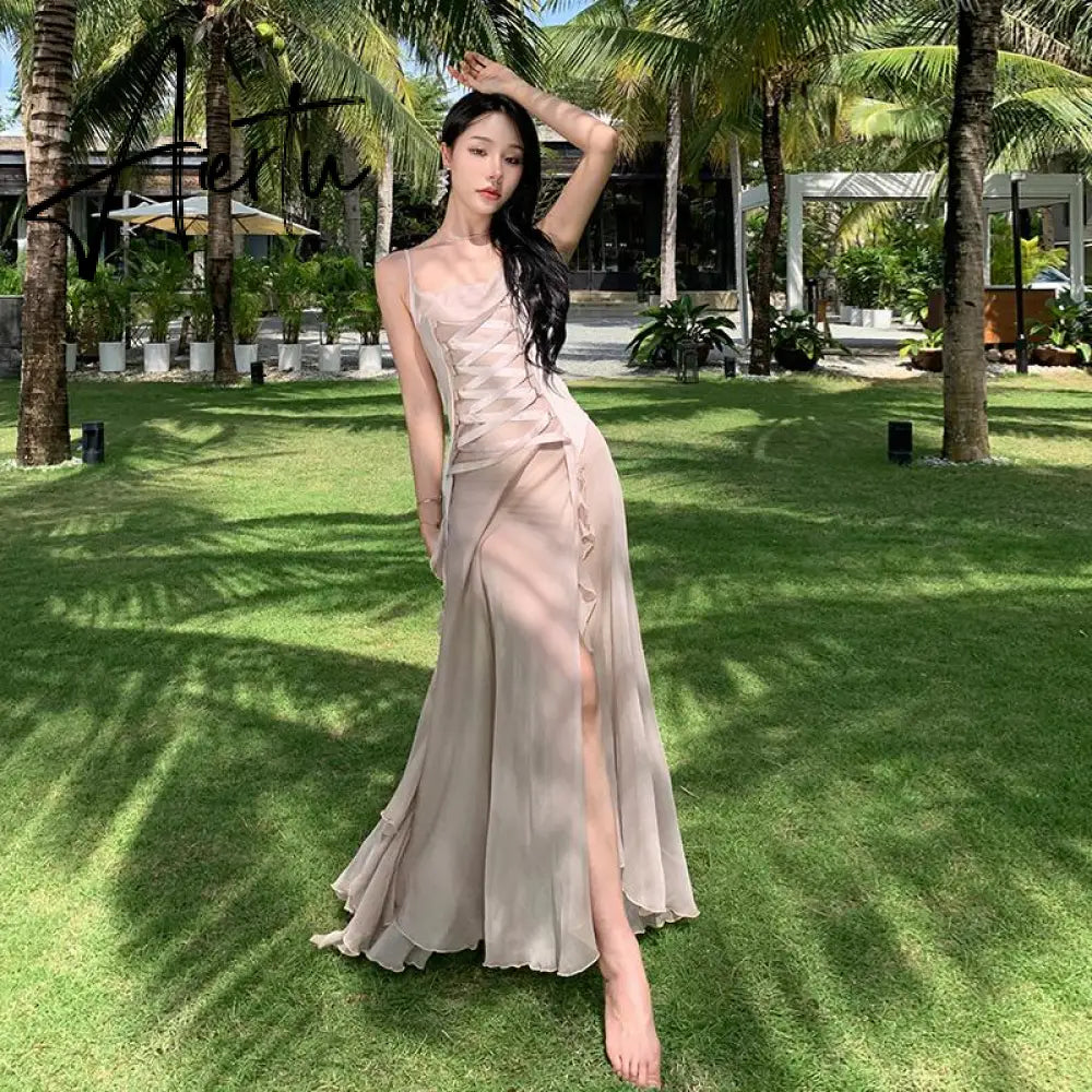 Women's Long Ball Princess Dresses Elegant Backless Spaghetti Strap Party Split Bandage Ruffled Dress Summer Sexy Fashion Boho Aiertu
