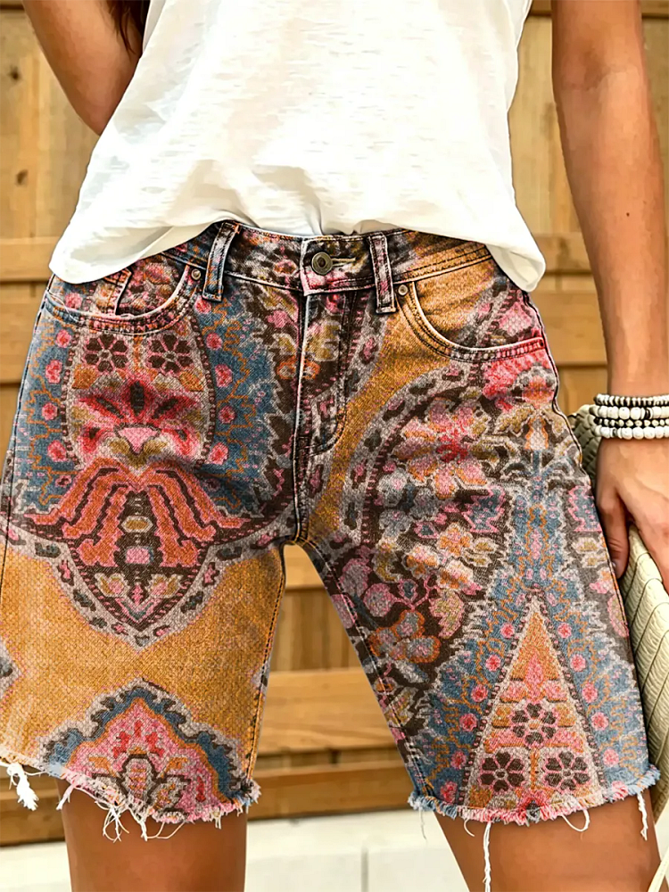 Women's Boho Paisley Print Frayed Hem Denim Shorts