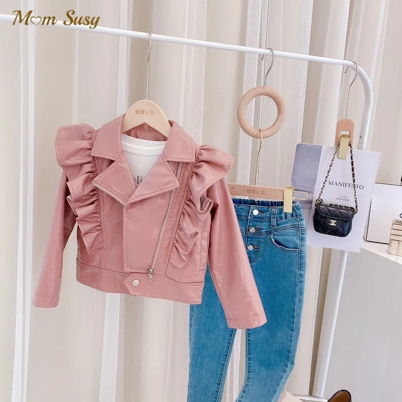 Fashion Baby Girl PU Leather Jacket Ruffle Child Princess Leather Coat Spring Autumn Blazer Outwear Pink Child Clothes 2-14Y