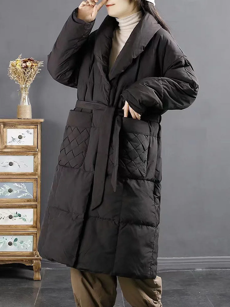 Women Winter Vintage Solid Drawstring Pocket Down Coat