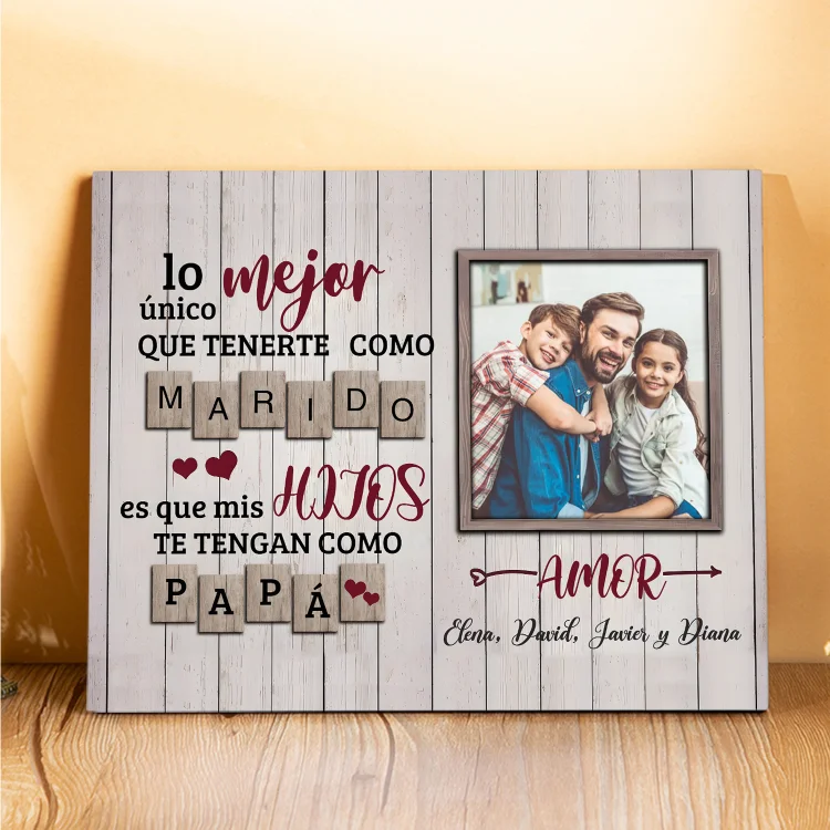 Feliz Día del Padre a mi marido - Lámina marco de madera 1 texto personalizado con 1 foto