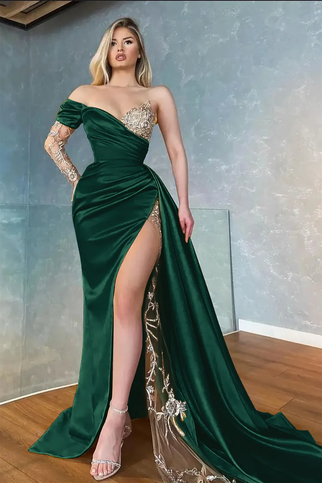 Yellow Lace Strapless Sleeveless Long Split Mermaid Prom Dress With Long Gloves And Necklace