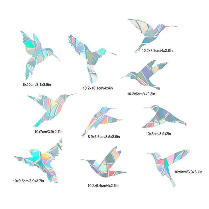 9pcs Electrostatic Glass Stickers Cat Hummingbird Trumpet Rainbow Prism PVC Glue-free Window Film Removable Glass Window Grilles