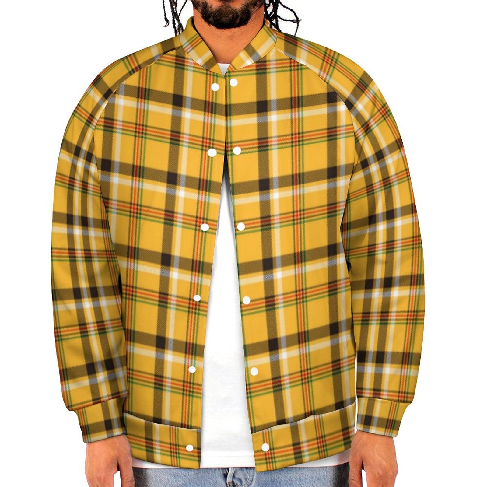 Monogrammed Brown Beige Checks Plaid Pattern Sweatshirt Jacket Mens Casual Lightweight Button Up Bomber Jacket Outwear