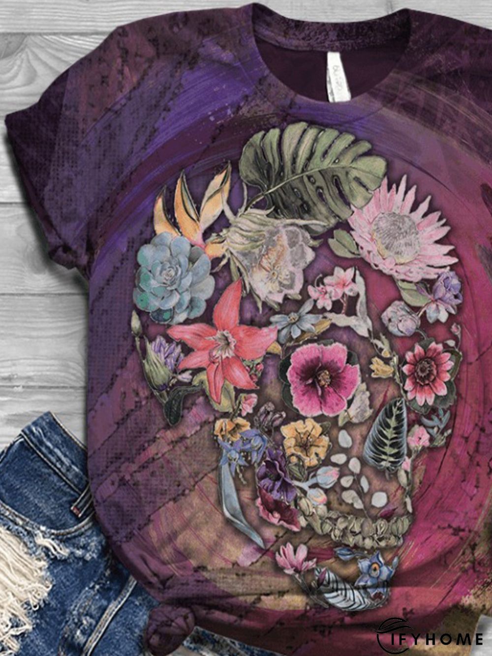 Plus Size Floral Short Sleeve Cotton-Blend T-shirt | IFYHOME