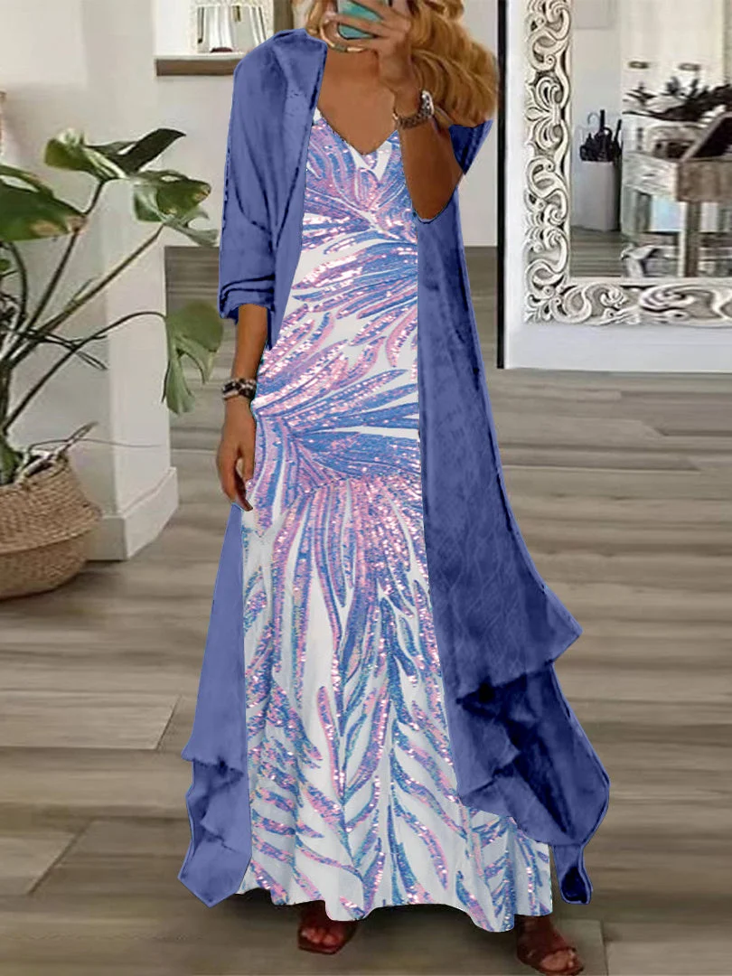Women's Long Sleeve V-neck Graphic Printed Two Pieces Maxi Dress