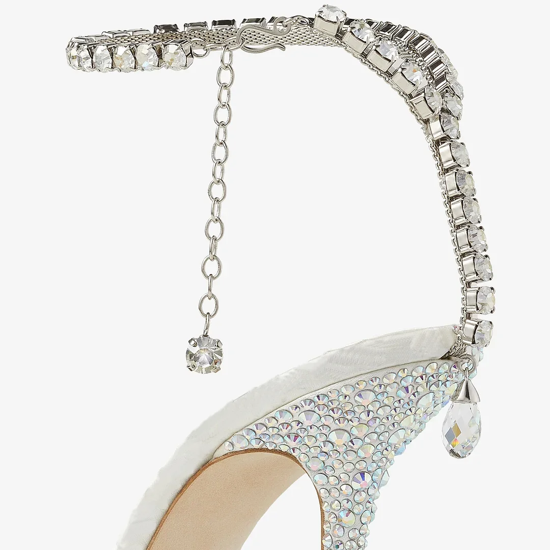 100mm Rhinestone Crystal Embellishment Ankle Chain Bracelet Pointed Toe Satin Pumps
