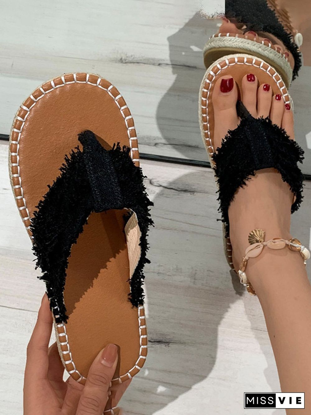 Distressed Denim Fringe Straw Bottom Flip Flops