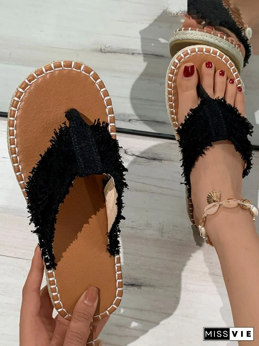 Distressed Denim Fringe Straw Bottom Flip Flops